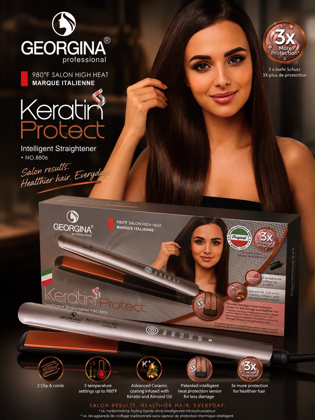مكواة فرد الشعر Georgina Professional Keratin Protect رقم 8806