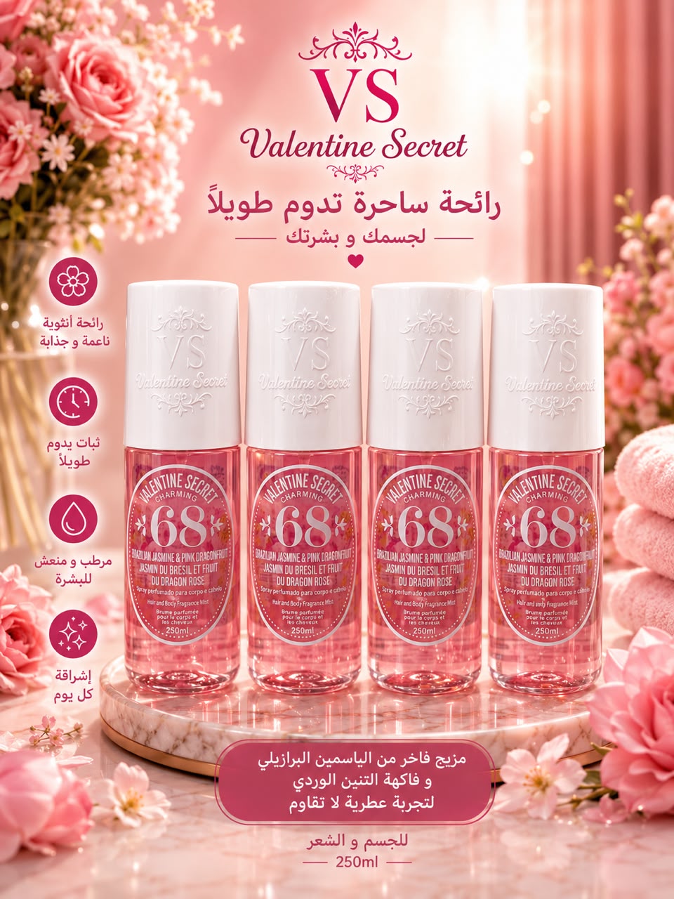 بخاخ معطر للجسم والشعر Valentine Secret Charming 68 – Brazilian Jasmine & Pink Dragonfruit – 250 مل